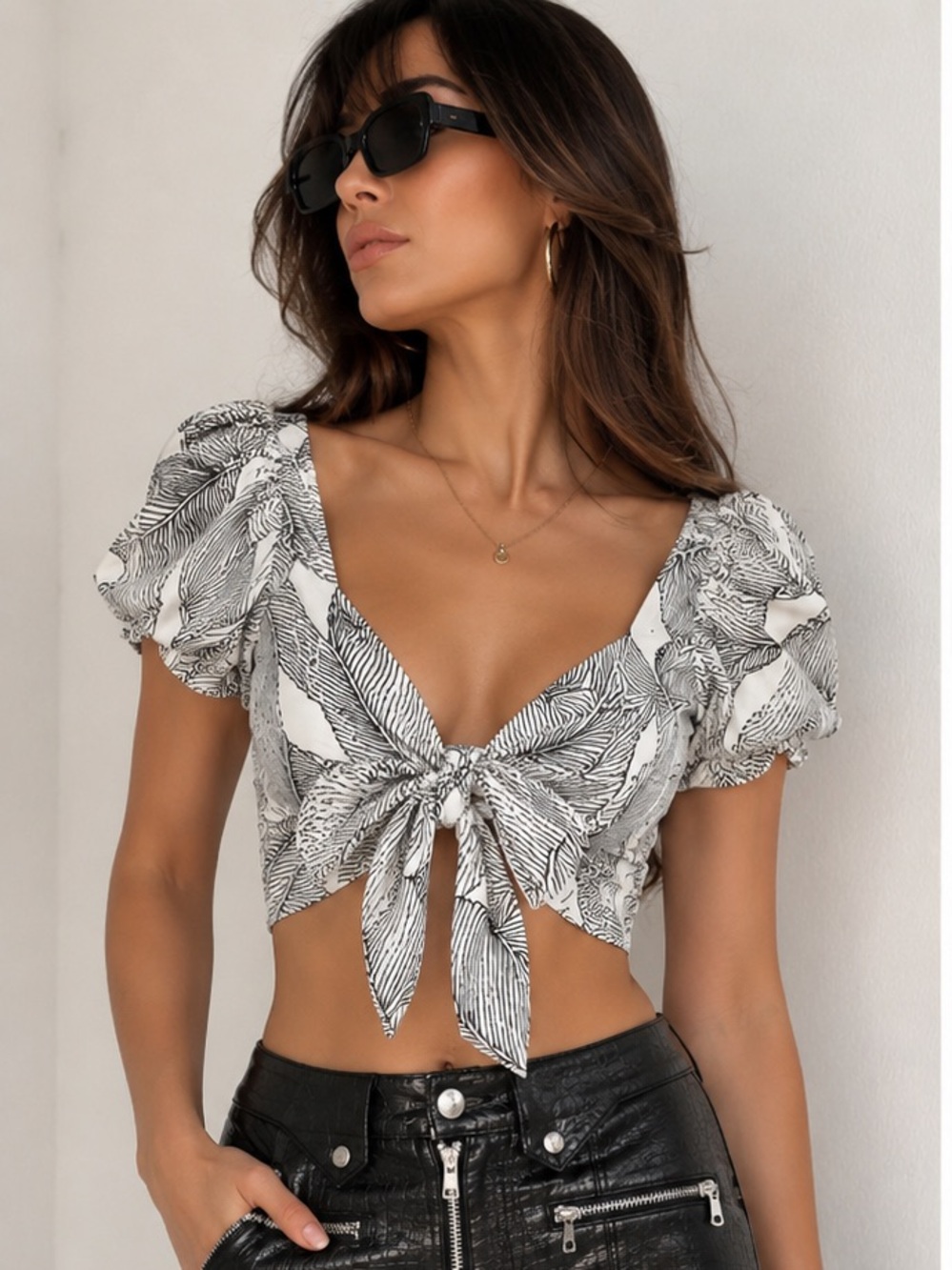 Black & White Tie-Front Puff Sleeve Crop Top - Women